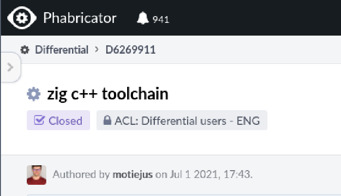A diff titled "zig c++ toolchain". Started in July 1, 2021